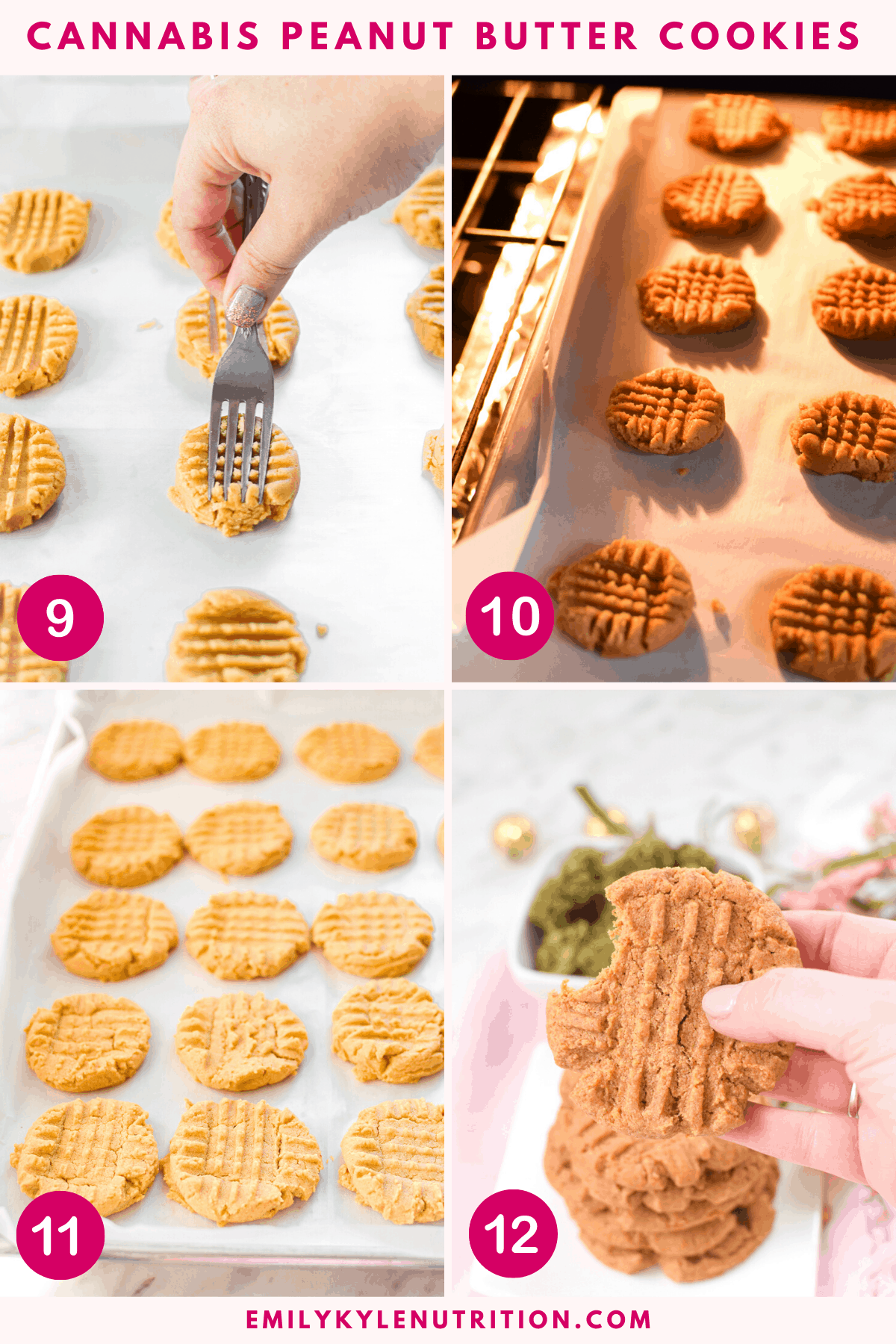 A 4 step image collage showing the following 9-12 steps in making peanut butter cookies including making a cross hatch pattern, baking in the oven, cooling and enjoying.