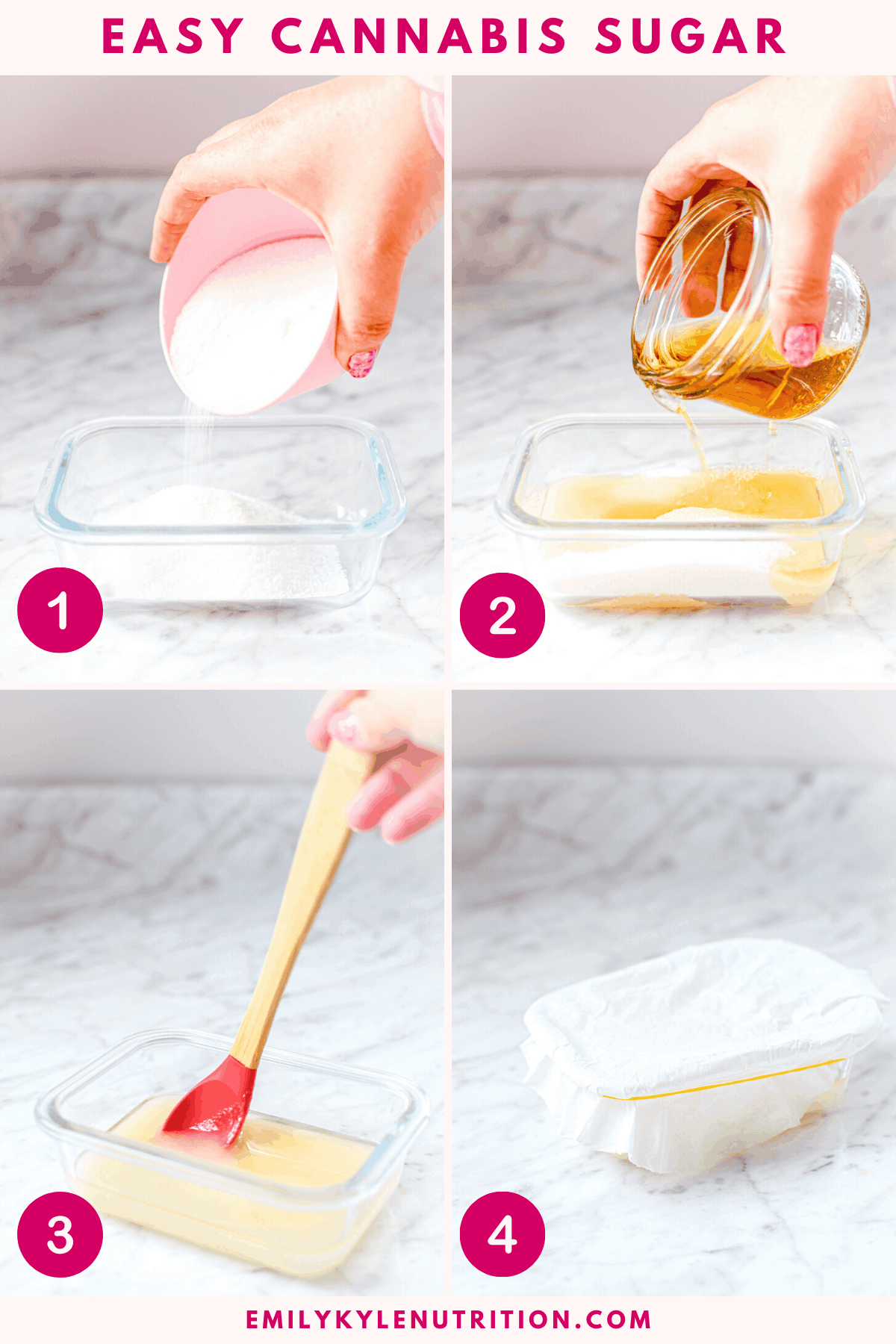 A four step image collage showing the first four steps to making cannabis sugar including pouring the sugar in a glass container, pouring the tincture over the sugar stirring well, and covering with a breathable fabric.