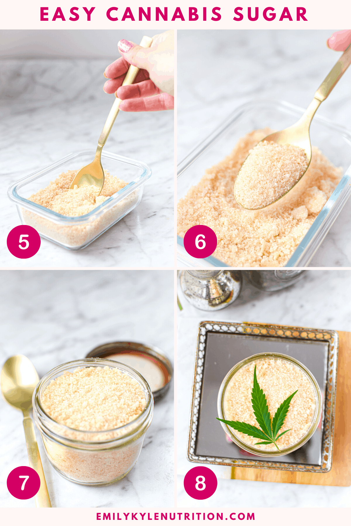A four step image collage showing steps 5-8 in making cannabis sugar including stirring the mixture, an unclose picture of the sugar, a picture of it in a mason jar and garnished with a cannabis leaf.