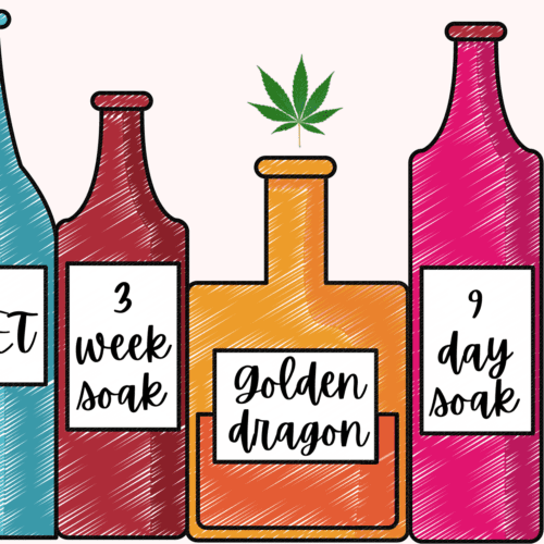 Illustrated alcohol bottles that say golden dragon.