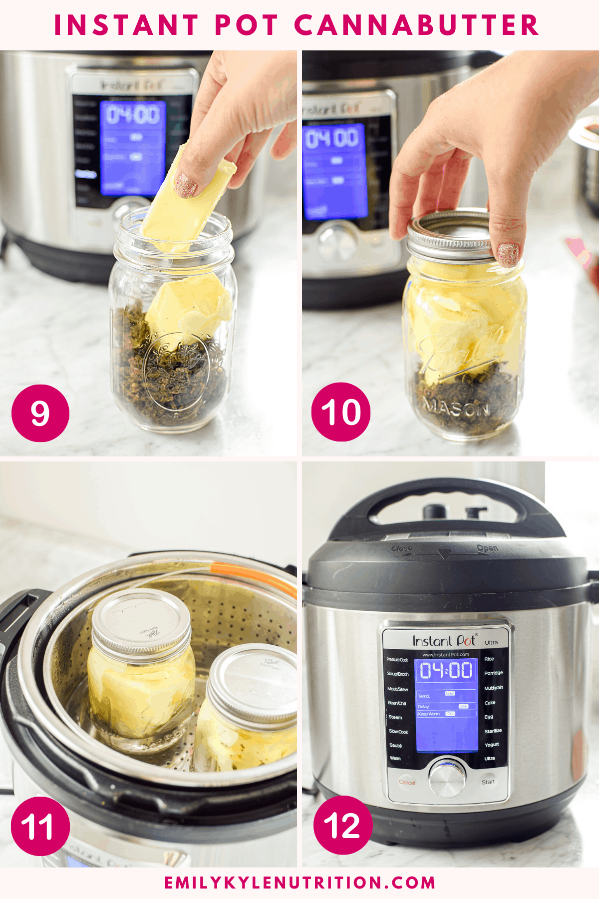 A 4 image collage showing how to set an instant pot to make cannabutter