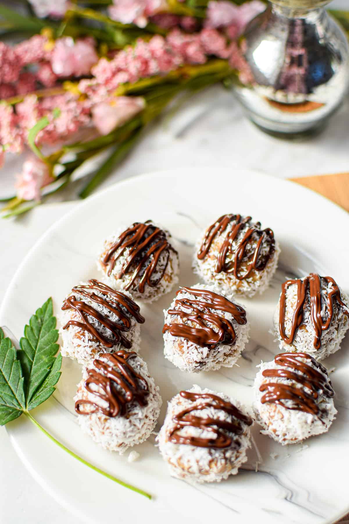 A white plate topped with several almond joy cannabis bliss balls garnished with a cannabis fan leaf