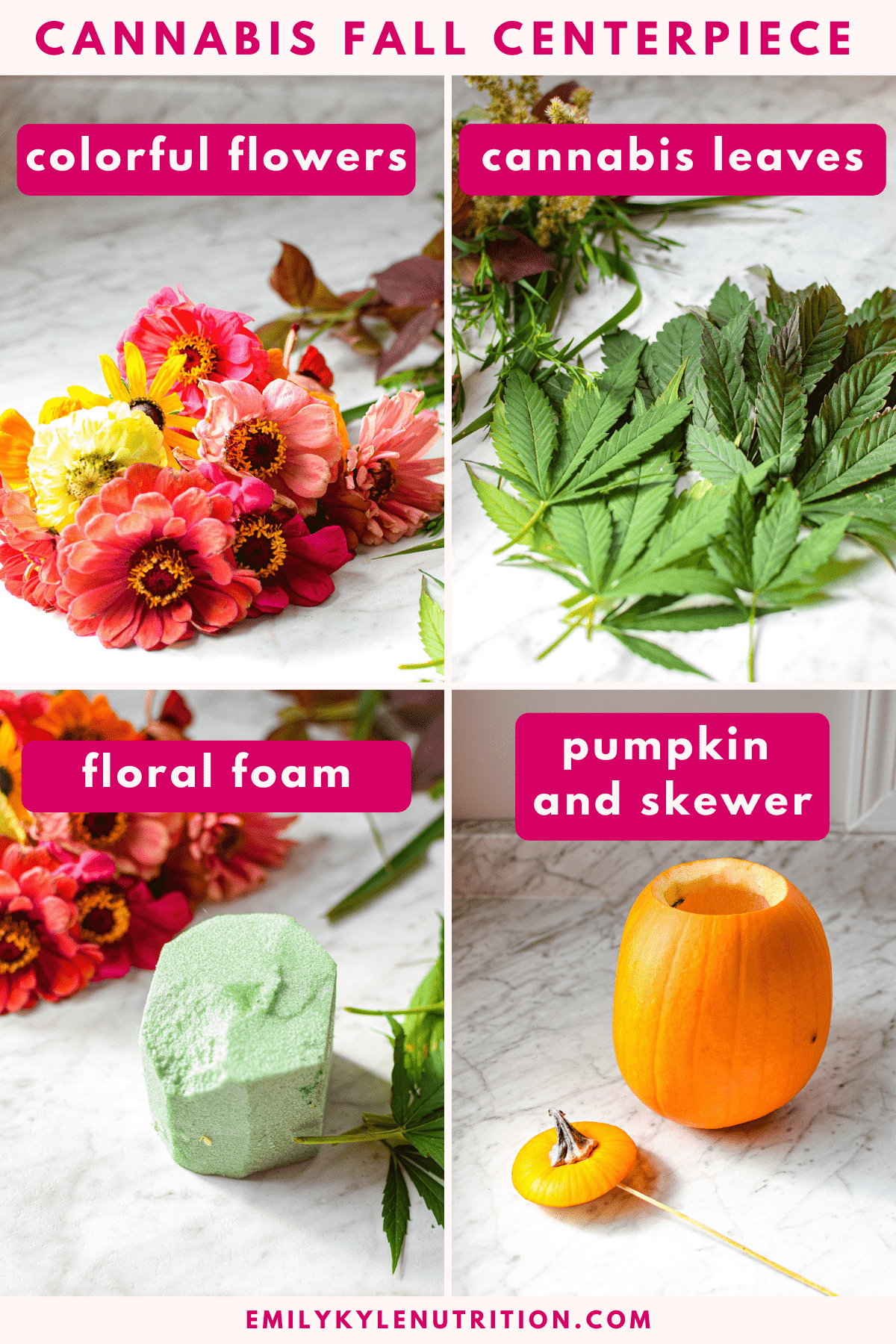 A four image collage showing the items needed to make a cannabis fall centerpiece including colorful flowers, cannabis leaves, floral foam, and a pumpkin with a skewer