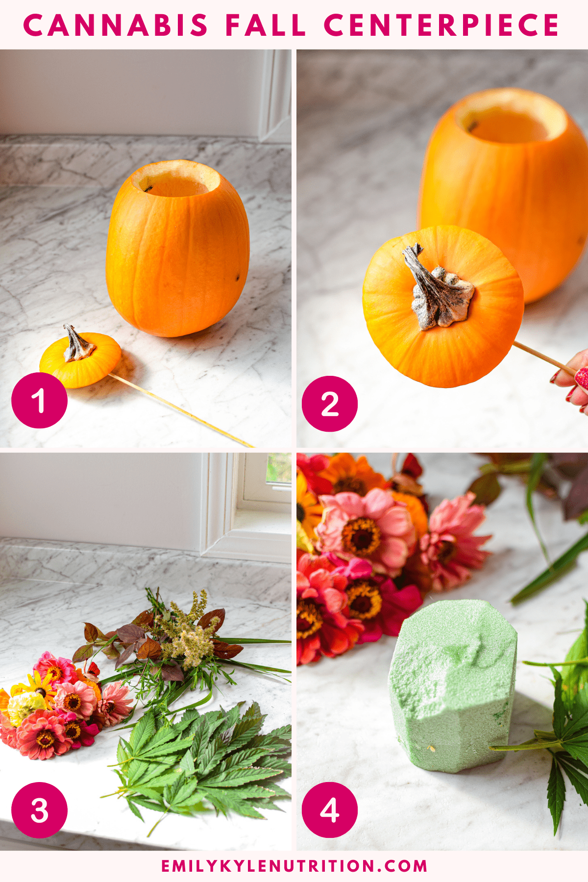 A four image collage showing a hollowed out pumpkin, a pumpkin top with a skewer in it, a white countertop with flowers, and a white countertop with floral craft foam.