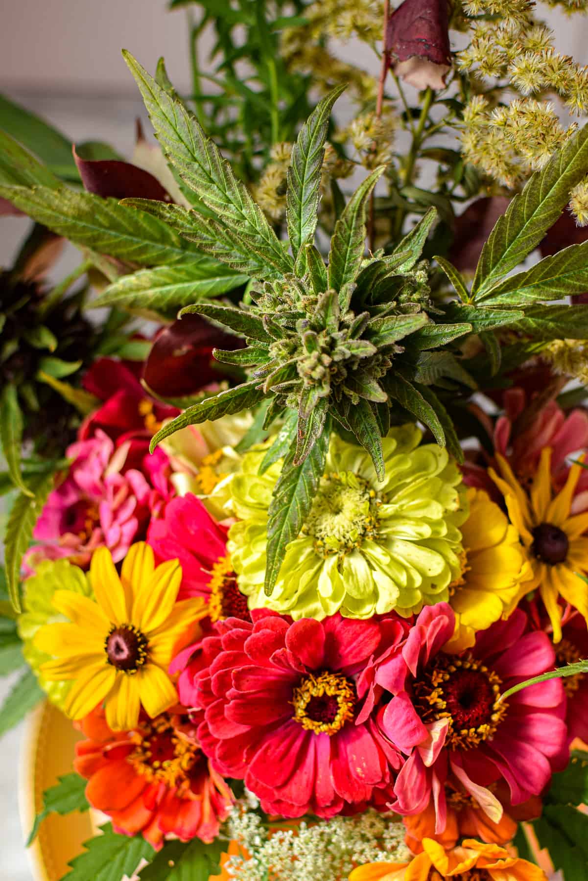 A bouquet of flowers including zinnias and cannabis flowers