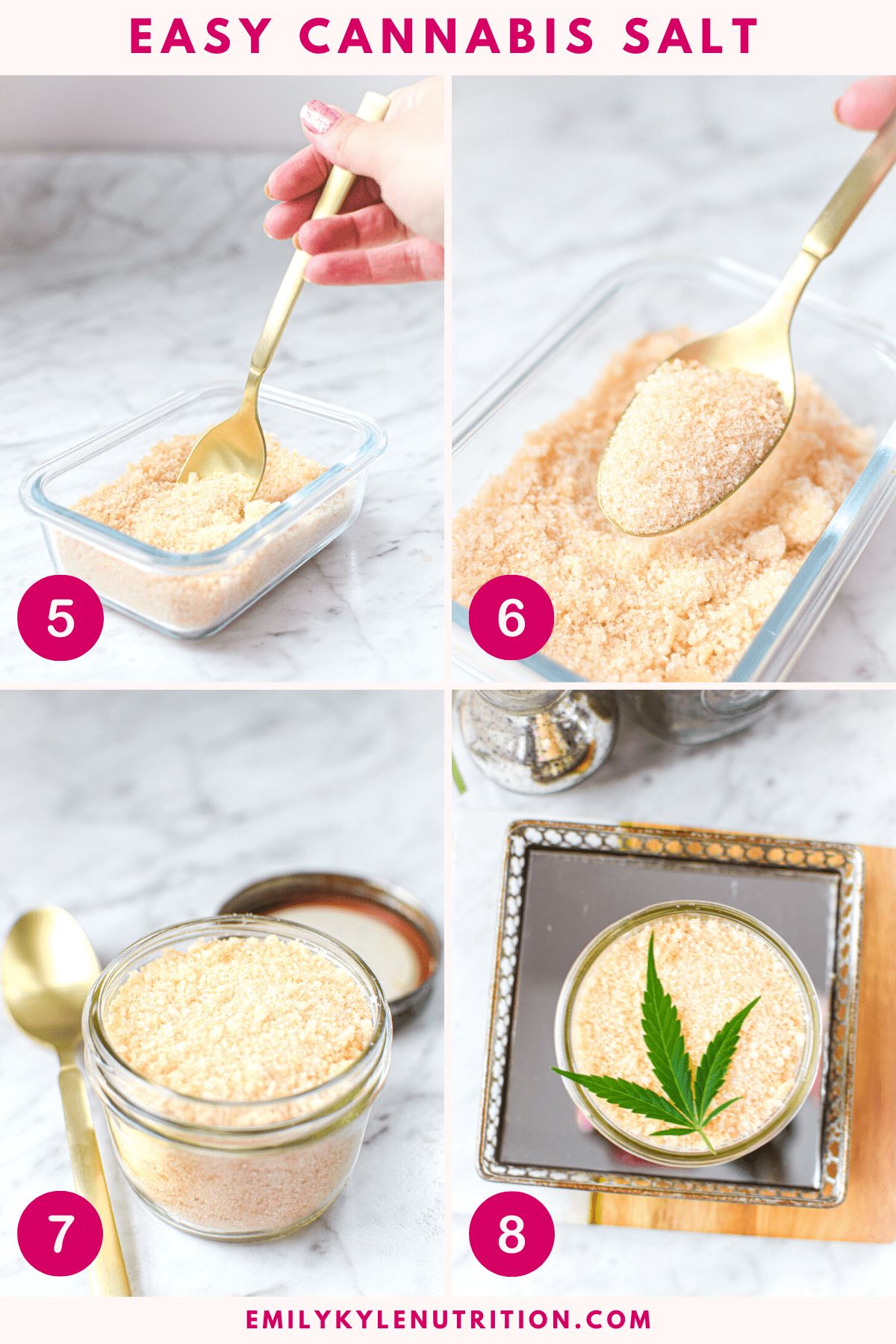 A 4 step image collage showing the last 4 steps to making cannabis salt from stirring the salt, and up close image in the spoon, a final mason jar, and the jar garnished with a leaf