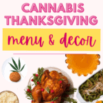 Graphic titled how to host the perfect cannabis thanksgiving, menu & decor, with a thanksgiving dinner spread including turkey, mashed potatoes, and a cannabis leaf