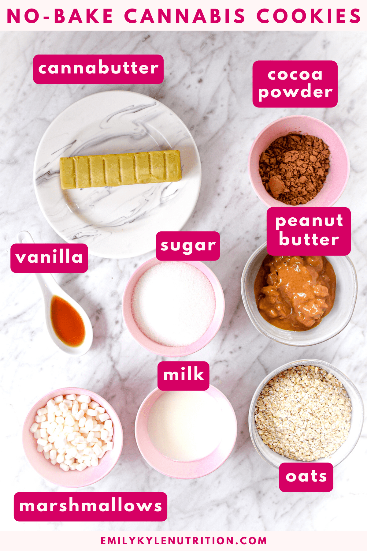 A white countertop with the ingredients needed to make no-bake cannabis cookies including cannabutter, cocoa powder, peanut butter, sugar, vanilla, milk, oats, marshmallows