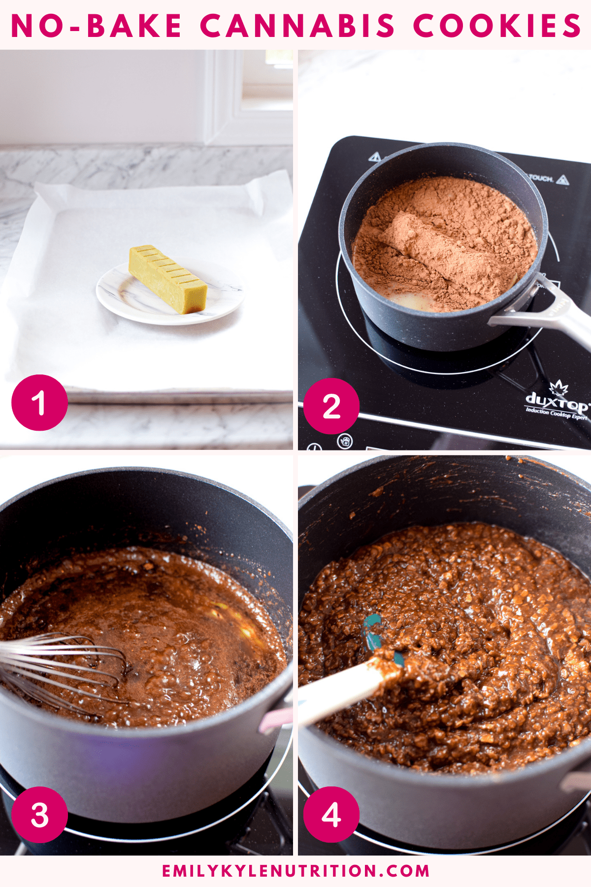 A four step image collage showing the first four steps to making no bake cannabis cookies including preparing the cannabutter, mixing the ingredients over the stove, bring the ingredients to a boil, and stirring in the oatmeal