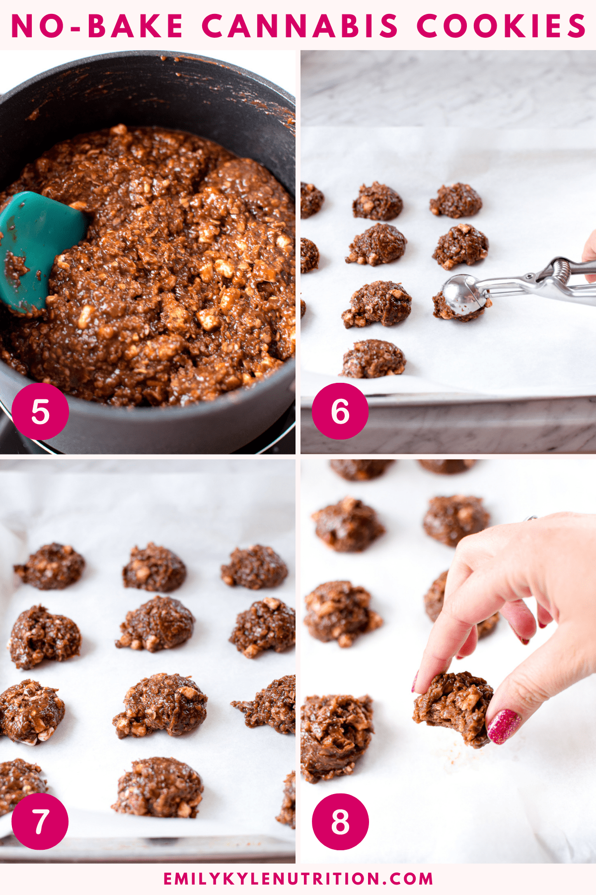 A four step image collage showing the final four steps to making no bake cannabis cookies including stirring in the marshmallows, scooping the cookie dough onto a try, allowing them to cook, and a cookie with a bite in it.