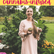 A picture of Emily Kyle with text stating how to host thanksgiving cannabis infused.