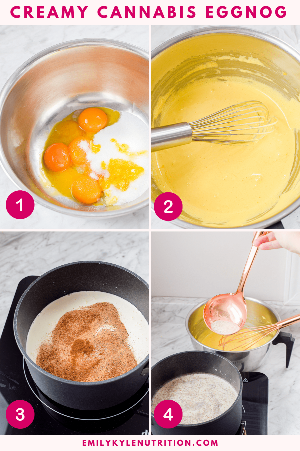 A four step image collage showing the steps to make cannabis eggnog