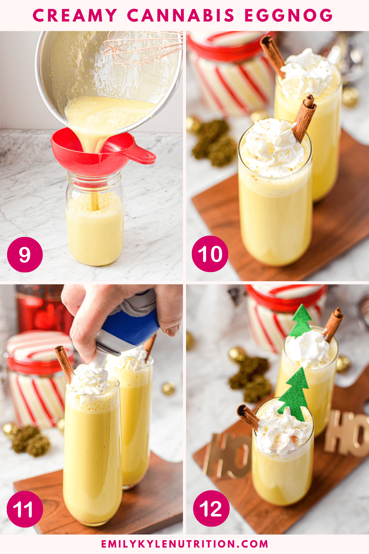 A four step image collage showing the steps to make cannabis eggnog