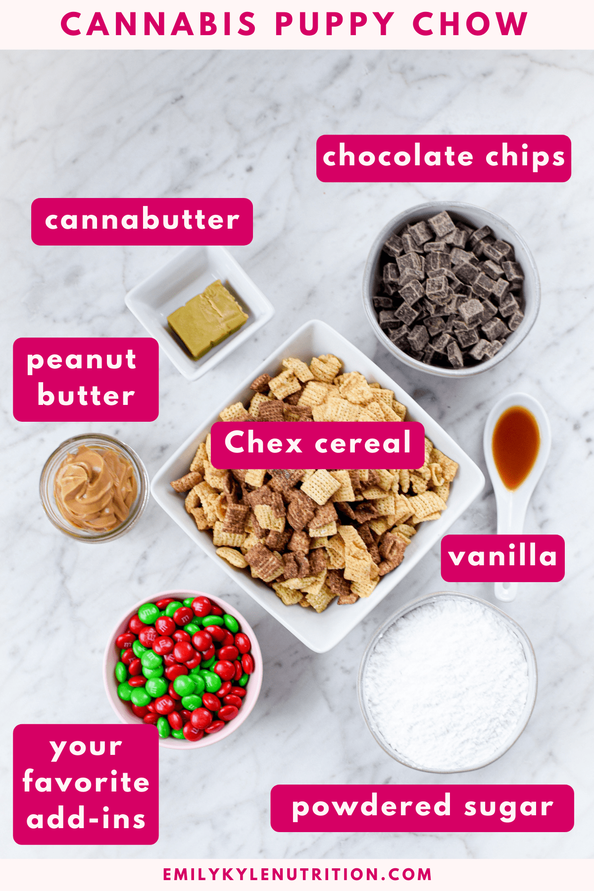 All of the ingredients needed to make cannabis puppy chow on a white countertop
