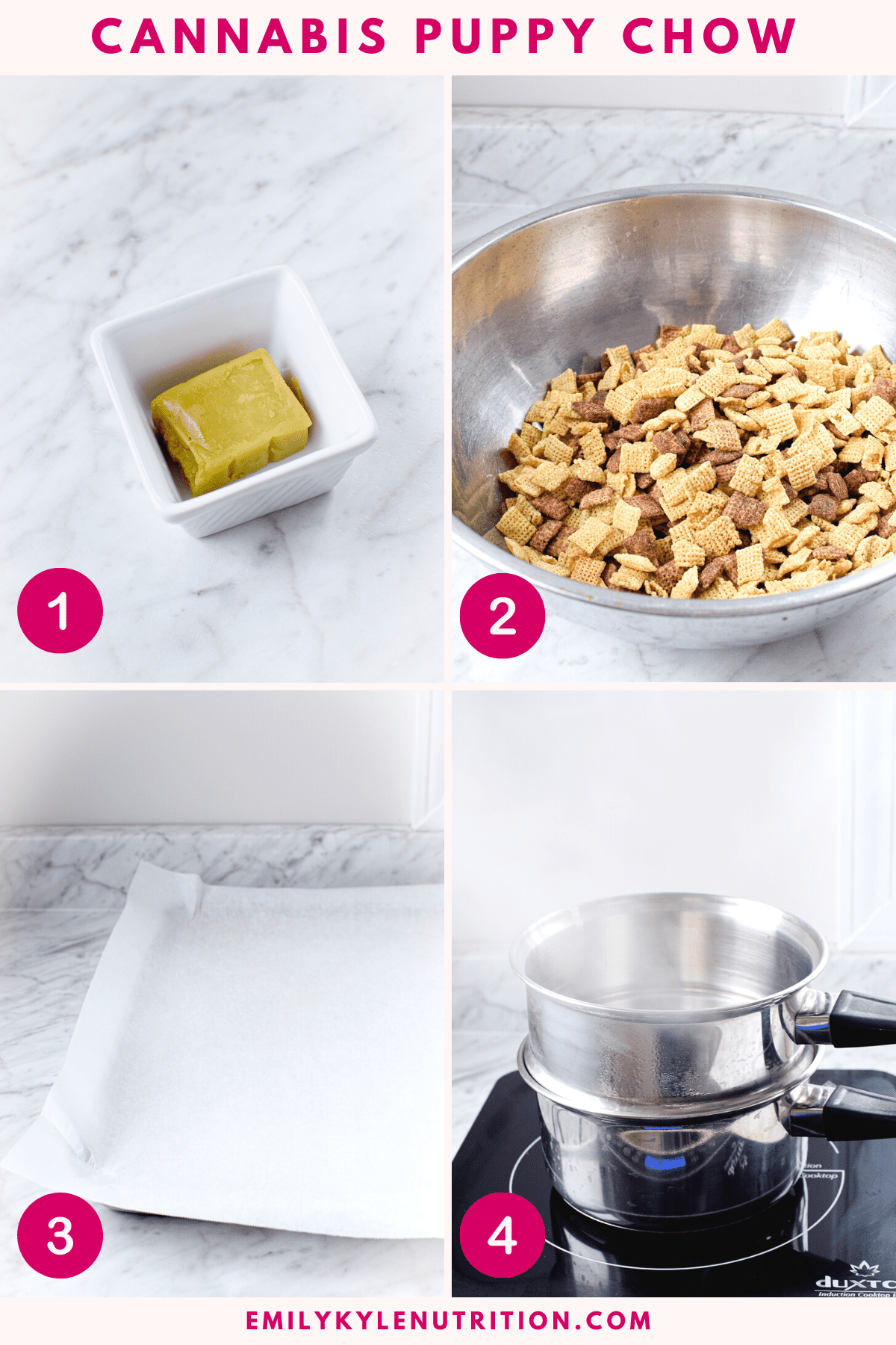A four step image collage showing the steps to make cannabis puppy chow