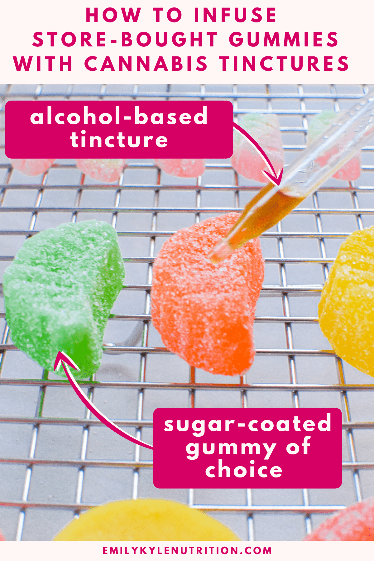 The ingredients needed to infuse store-bought gummies with cannabis tinctures including sugar coated gummies and tincture