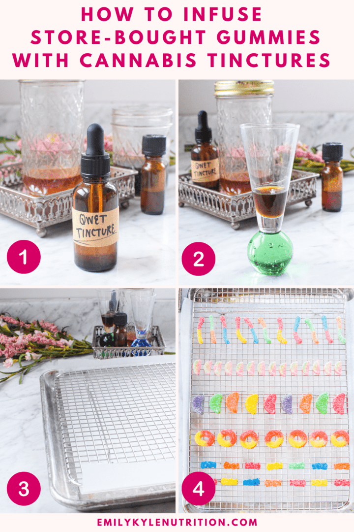A four step image collage showing the four steps needed to infuse store-bought gummies with tinctures