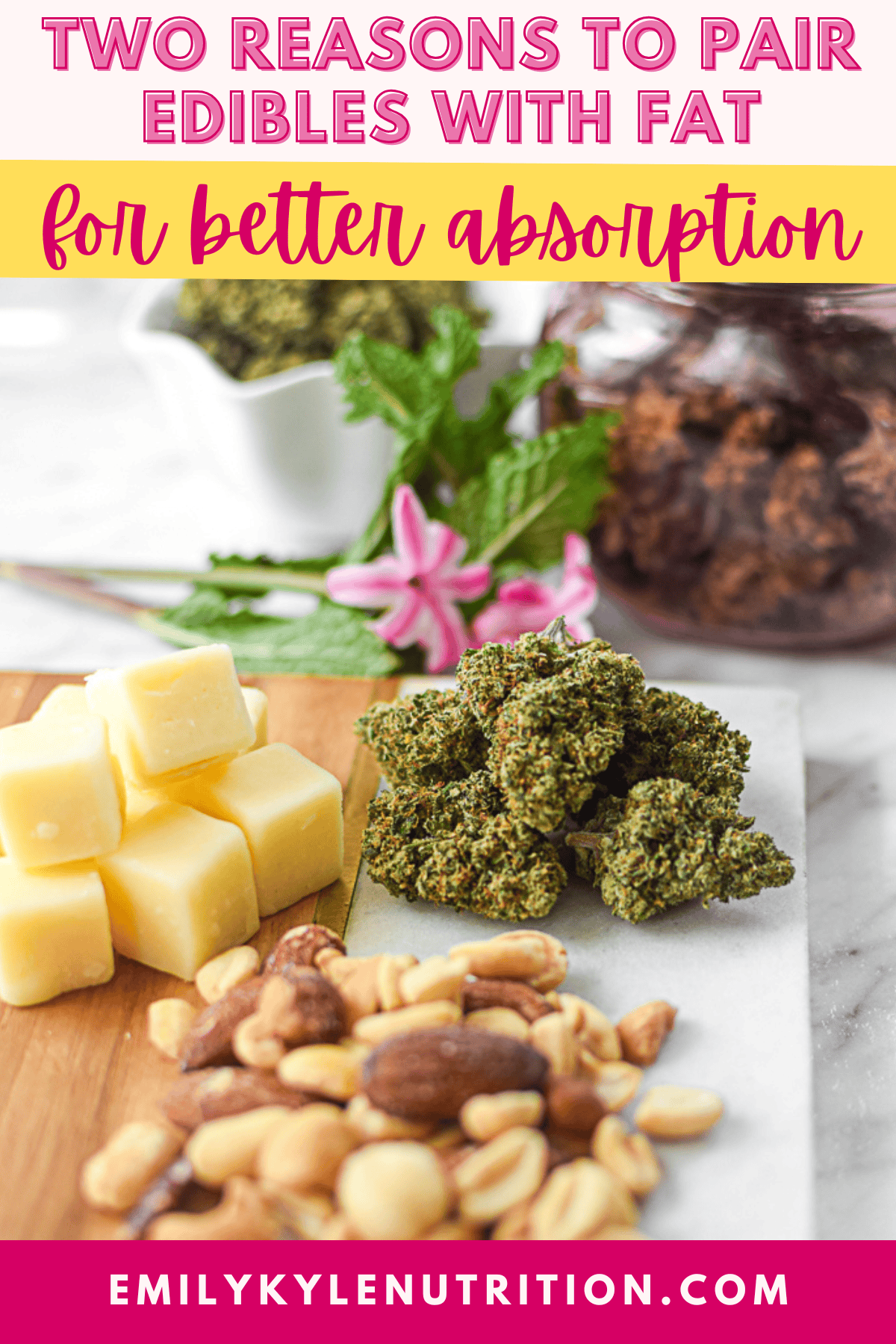 A picture of cannabis buds with high fat foods like cheese and nuts with text that says: Pair Edibles with Fat