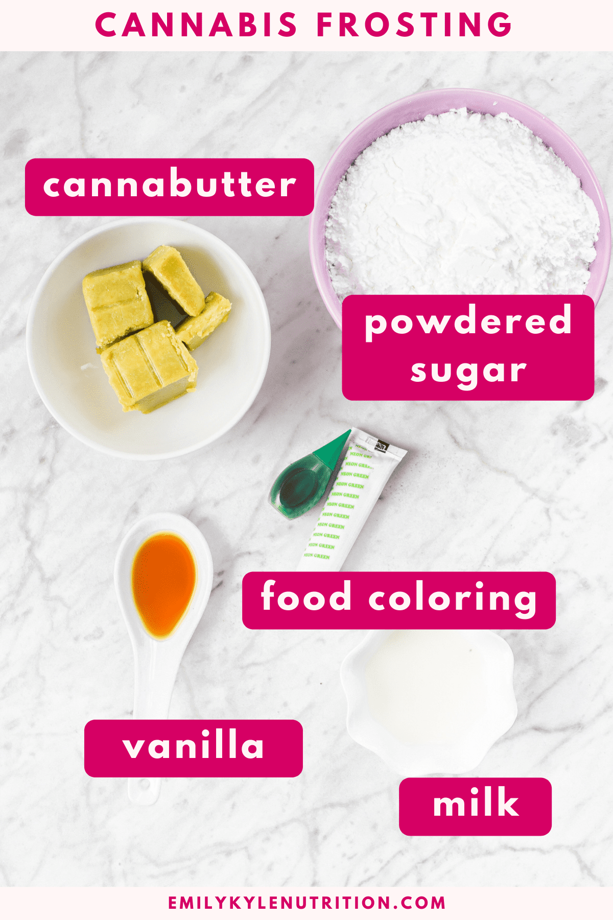 A white countertop with the ingredients needed to make cannabis buttercream frosting
