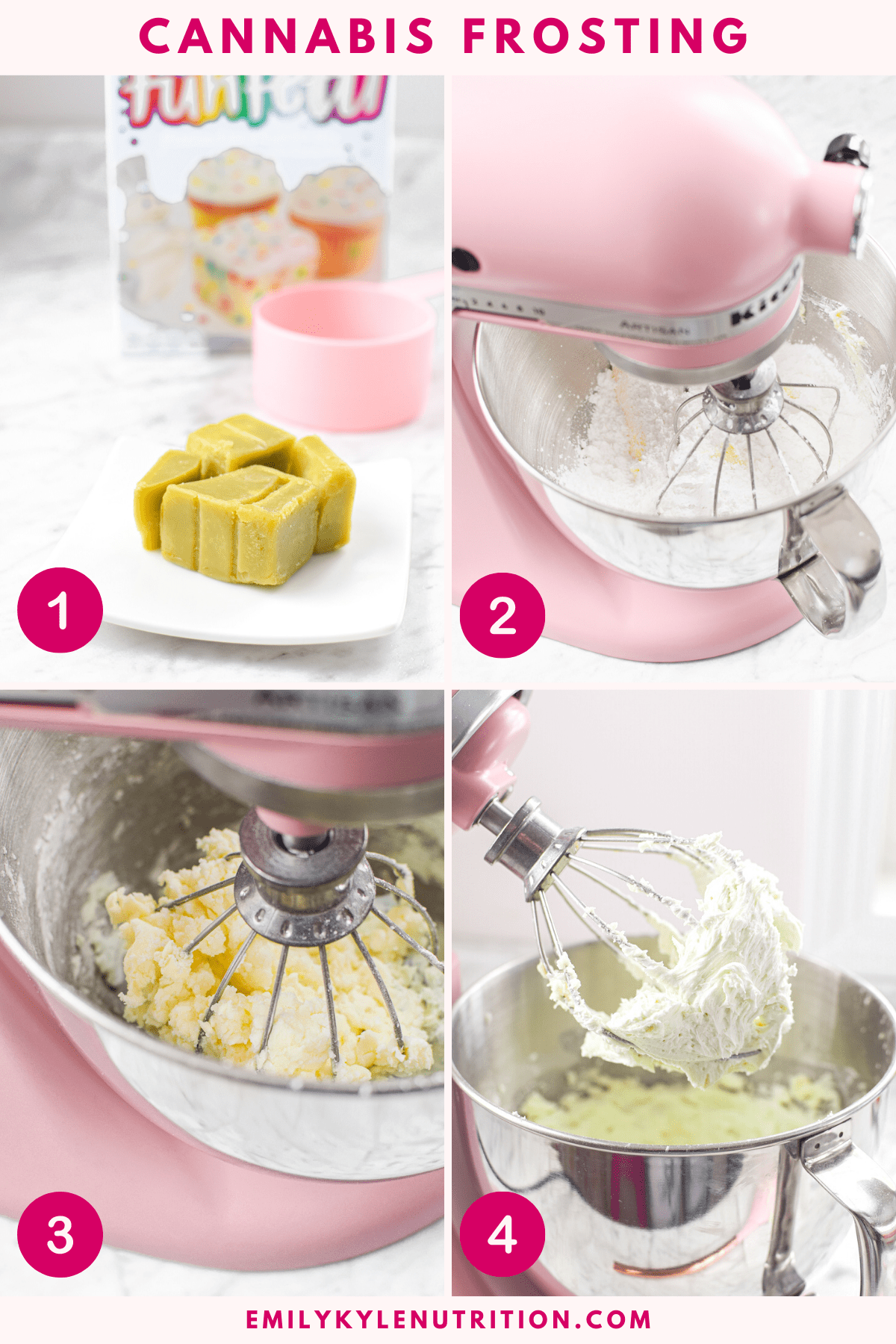 A four step image collage showing the first four steps needed to make cannabis buttercream frosting