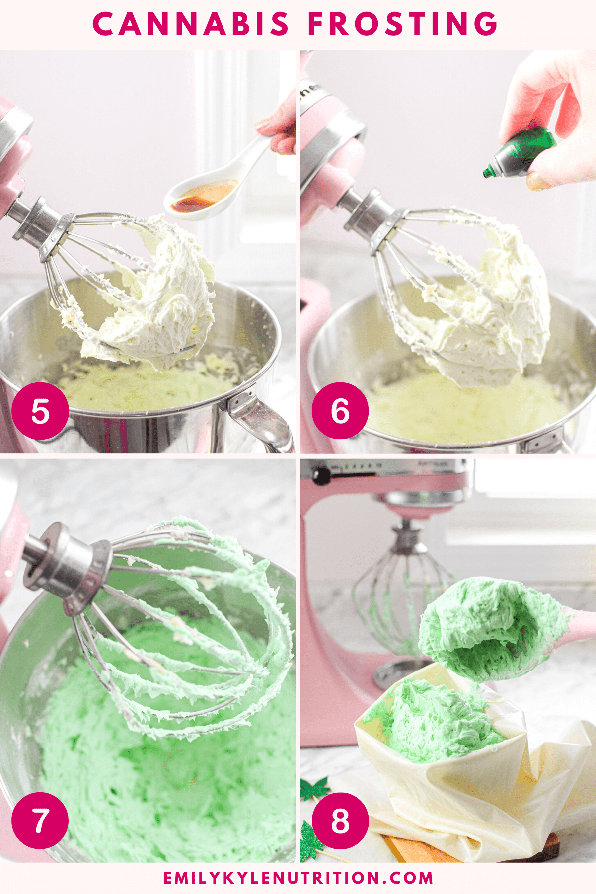 A four step image collage showing last first four steps needed to make cannabis buttercream frosting