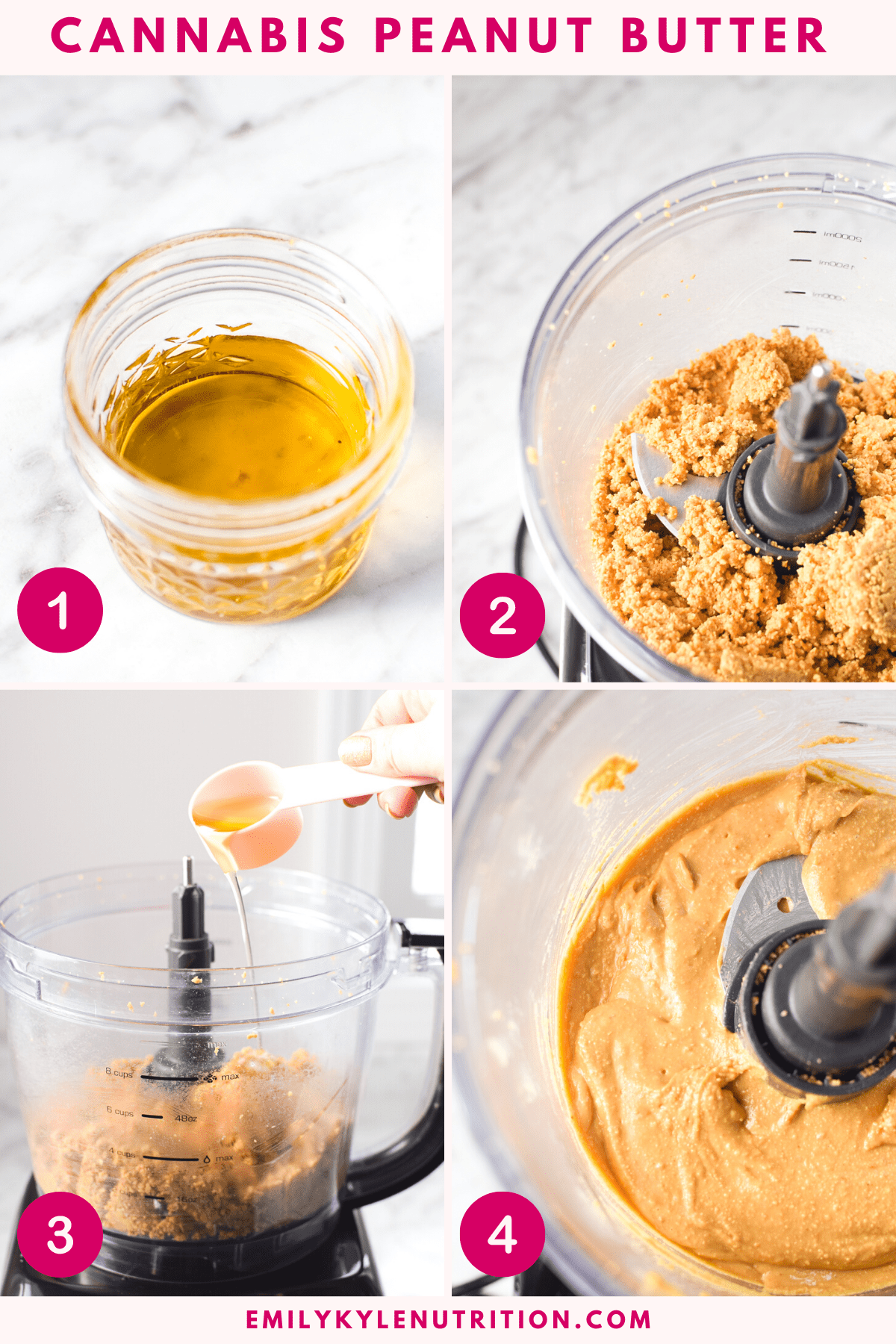 A step-by-step image collage showing how to make cannabis peanut butter with a food processor