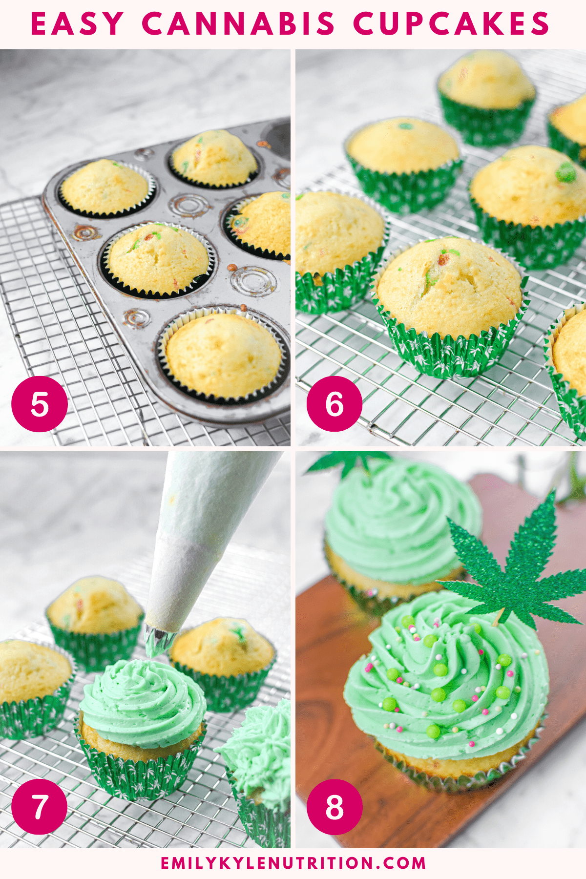A four step ingredient collage showing the last four steps in making cannabis cupcakes
