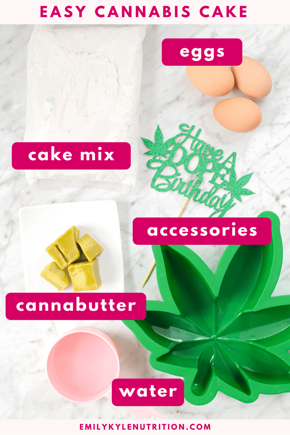 A white countertop with the ingreidents needed to make a cannabis cake.