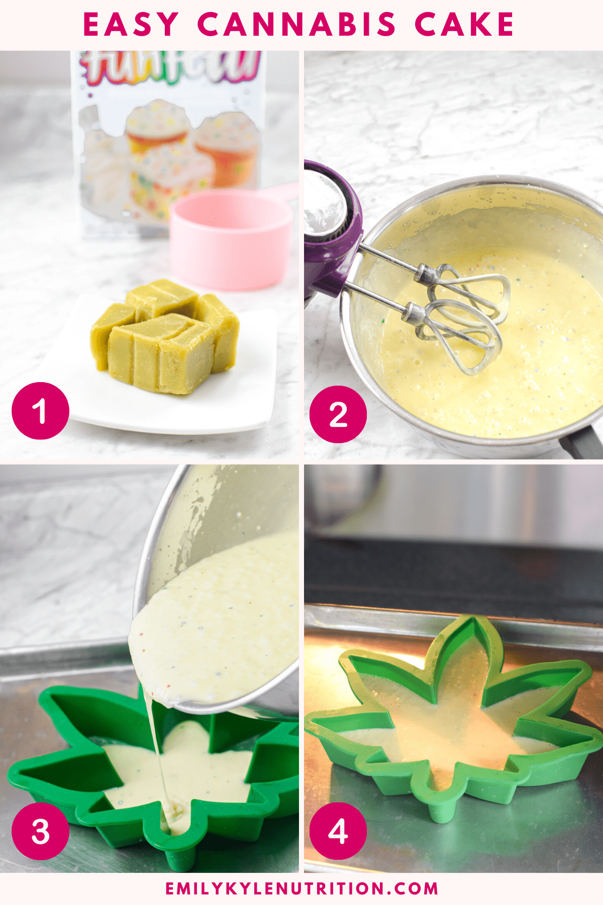 The first four steps needed to make a cannabis cake.