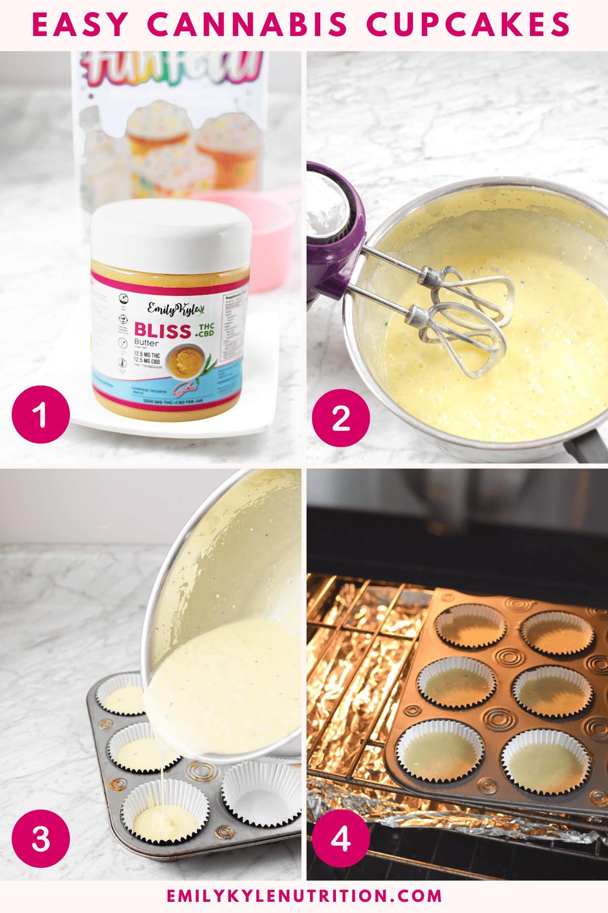 A four step ingredient collage showing the first four steps in making cannabis cupcakes