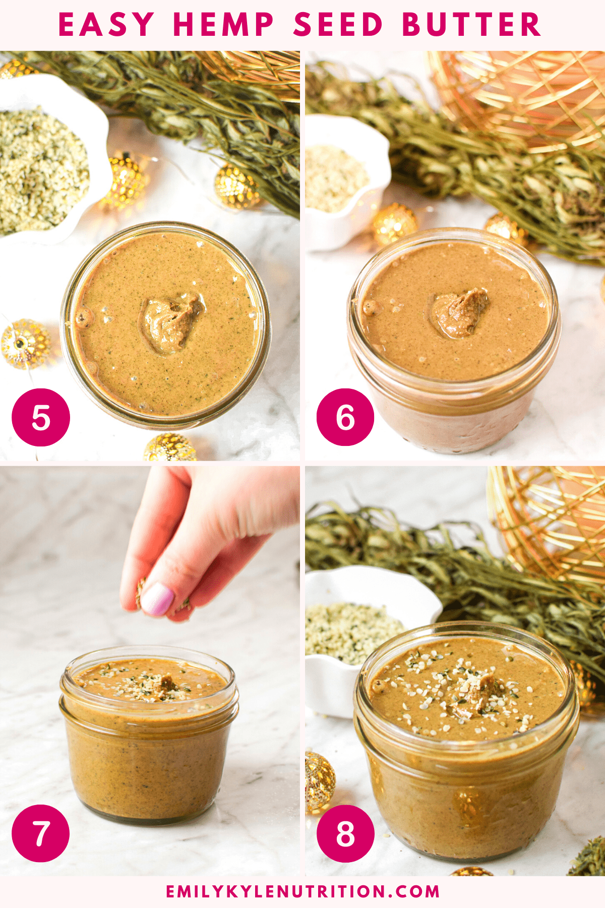 A four step image collage showing how to make homemade hemp seed butter.