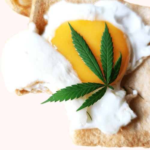 A picture of toast and an egg with a cannabis leaf on top.