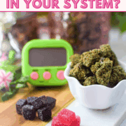 A picture of several different kinds of cannabis edibles with text that says: "How Long Do Edibles Stay in System by Emily Kyle".
