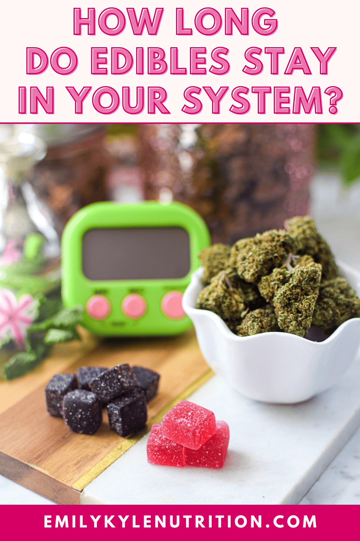 A picture of several different kinds of cannabis edibles with text that says: "How Long Do Edibles Stay in System by Emily Kyle".