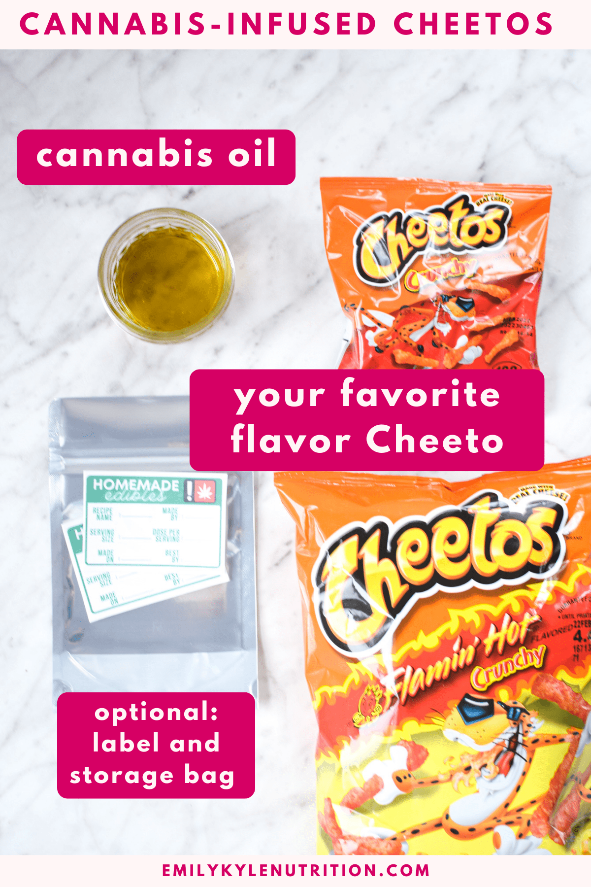 All of the ingredients needed to make cannabis Cheetos.