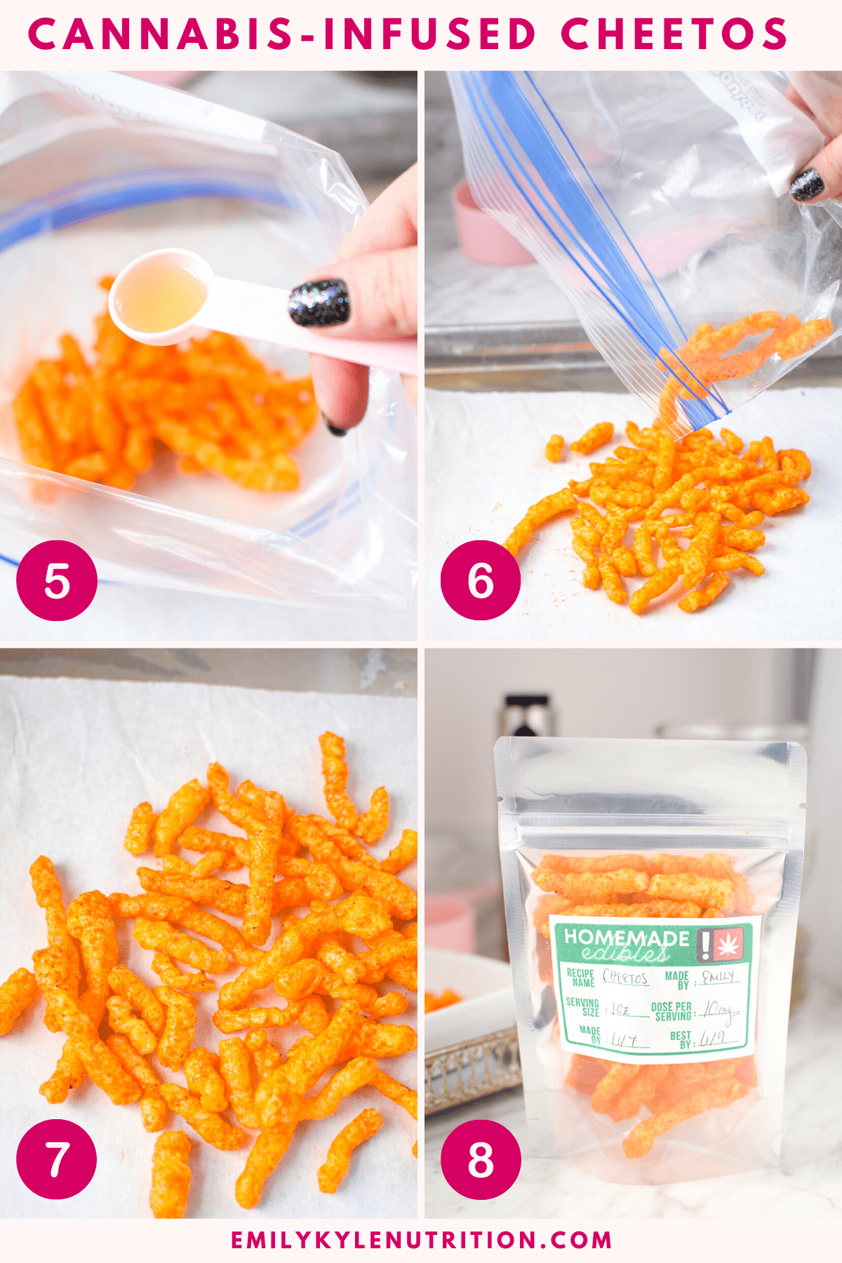 A four step image collage showing how to make cannabis infused Cheetos.