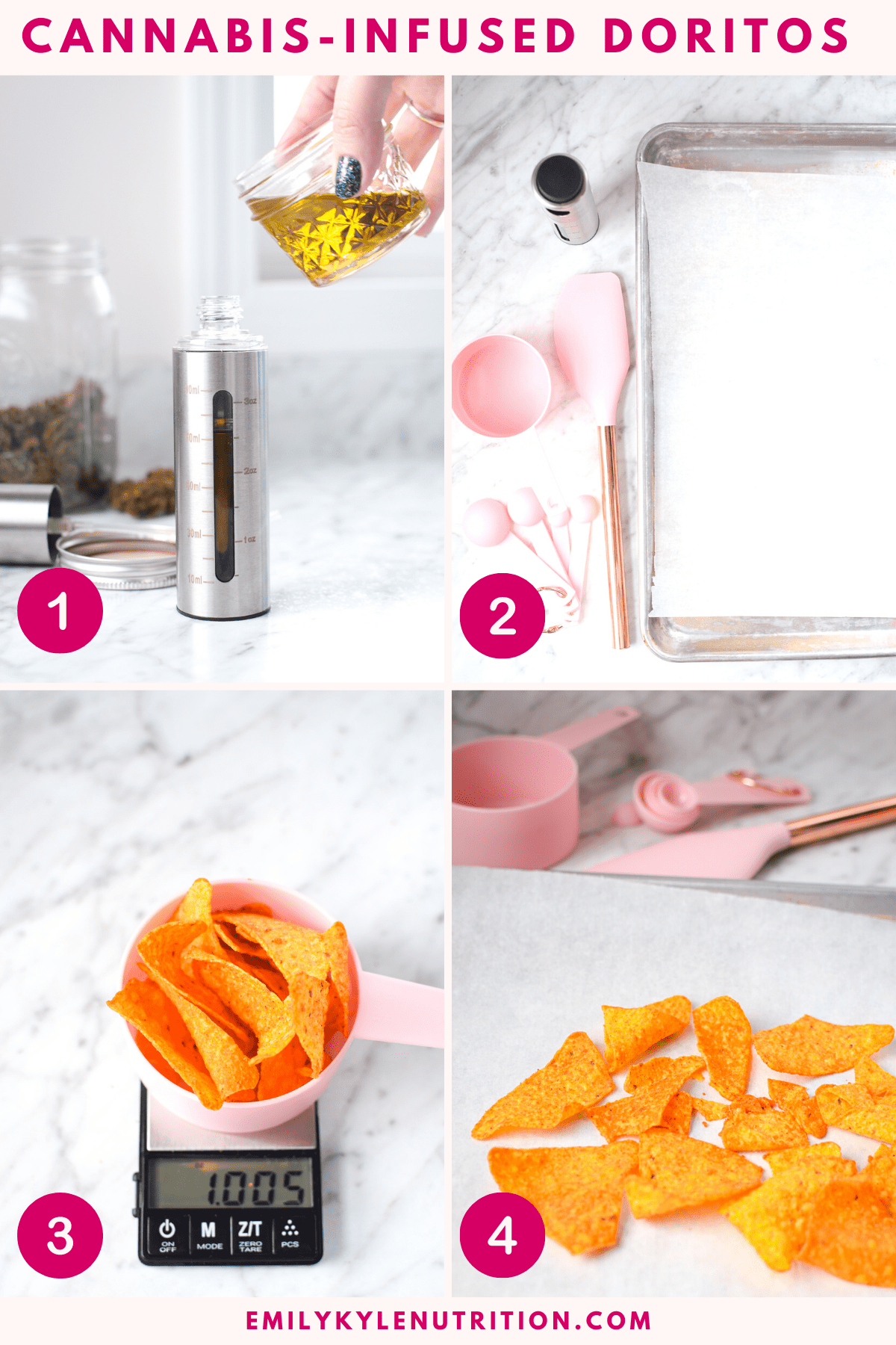 A four step image collage showing how to make cannabis infused Doritos aka doweedos.