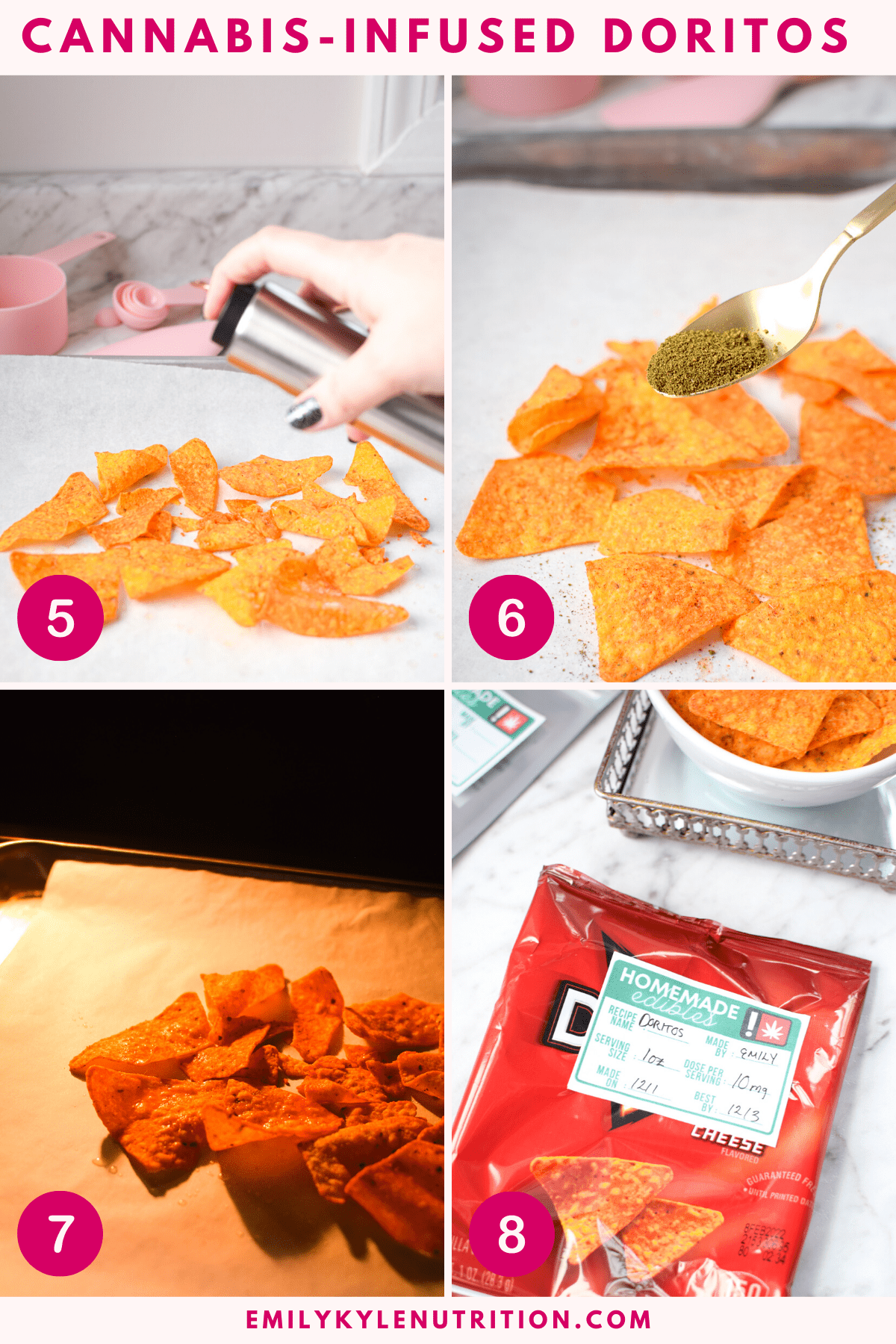 A four step image collage showing how to make cannabis infused Doritos aka doweedos.