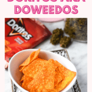 A white bowl filled with cannabis infused Doritos aka doweedos.