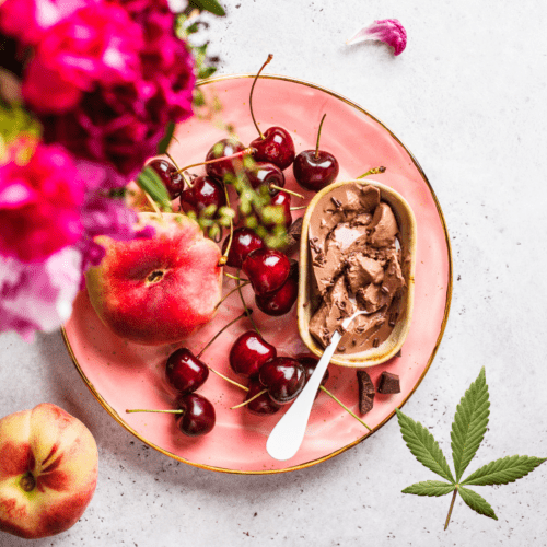 A picture of pink foods with a cannabis leaf.