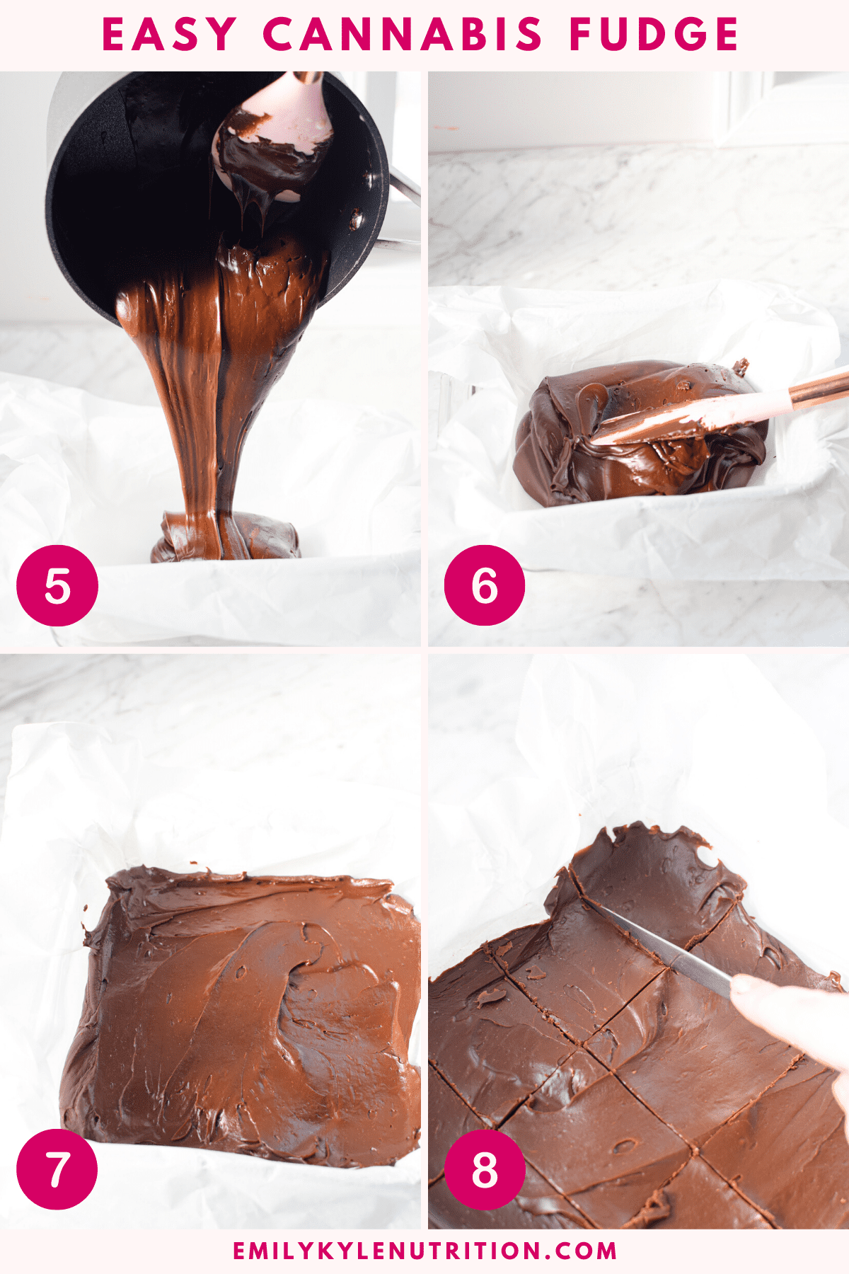 A four step image collage showing the steps to making cannabis fudge.