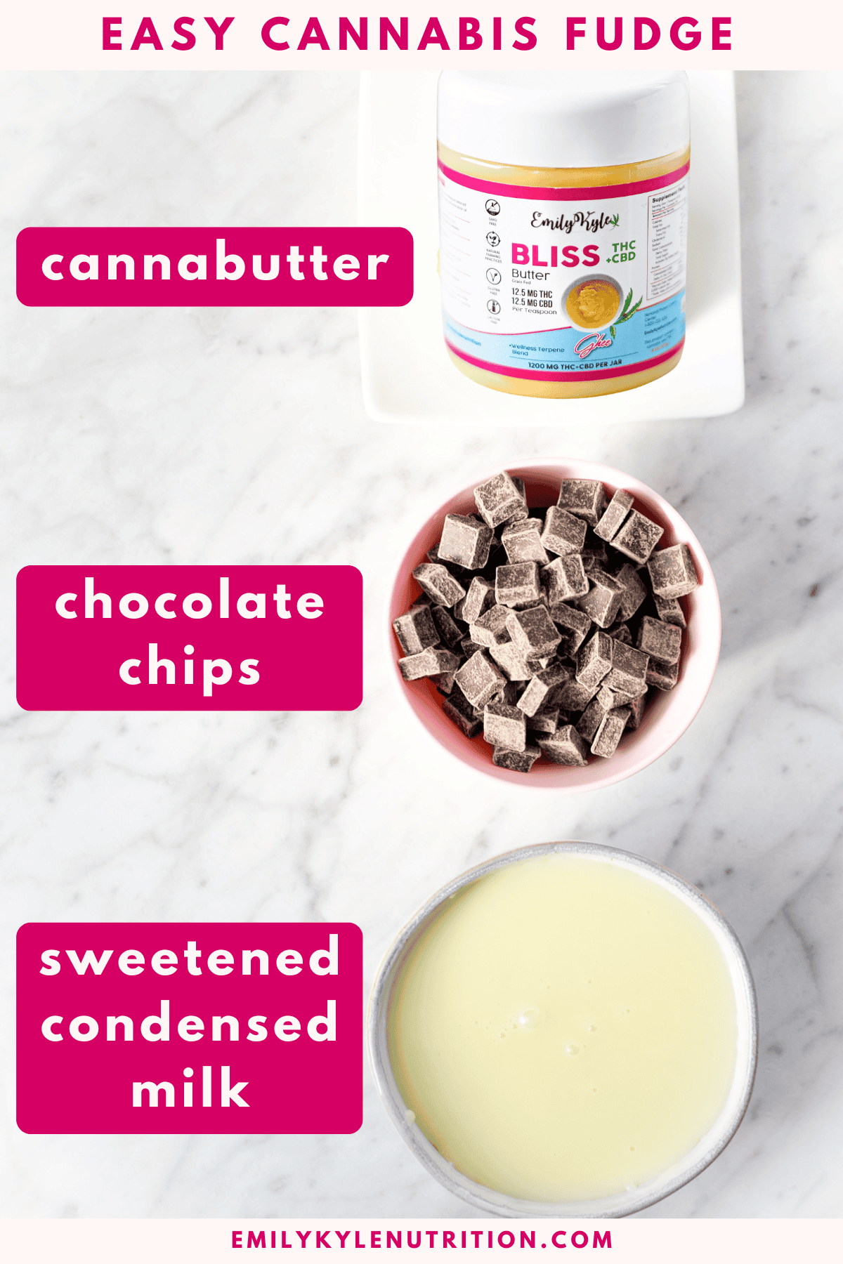 A white countertop with three labeled ingredients: cannabutter, chocolate chips, and sweetened condensed milk with a title stating easy cannabis fudge.