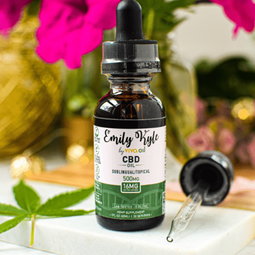 A bottle of Emily Kyles 500mg full-spectrum CBD oil.