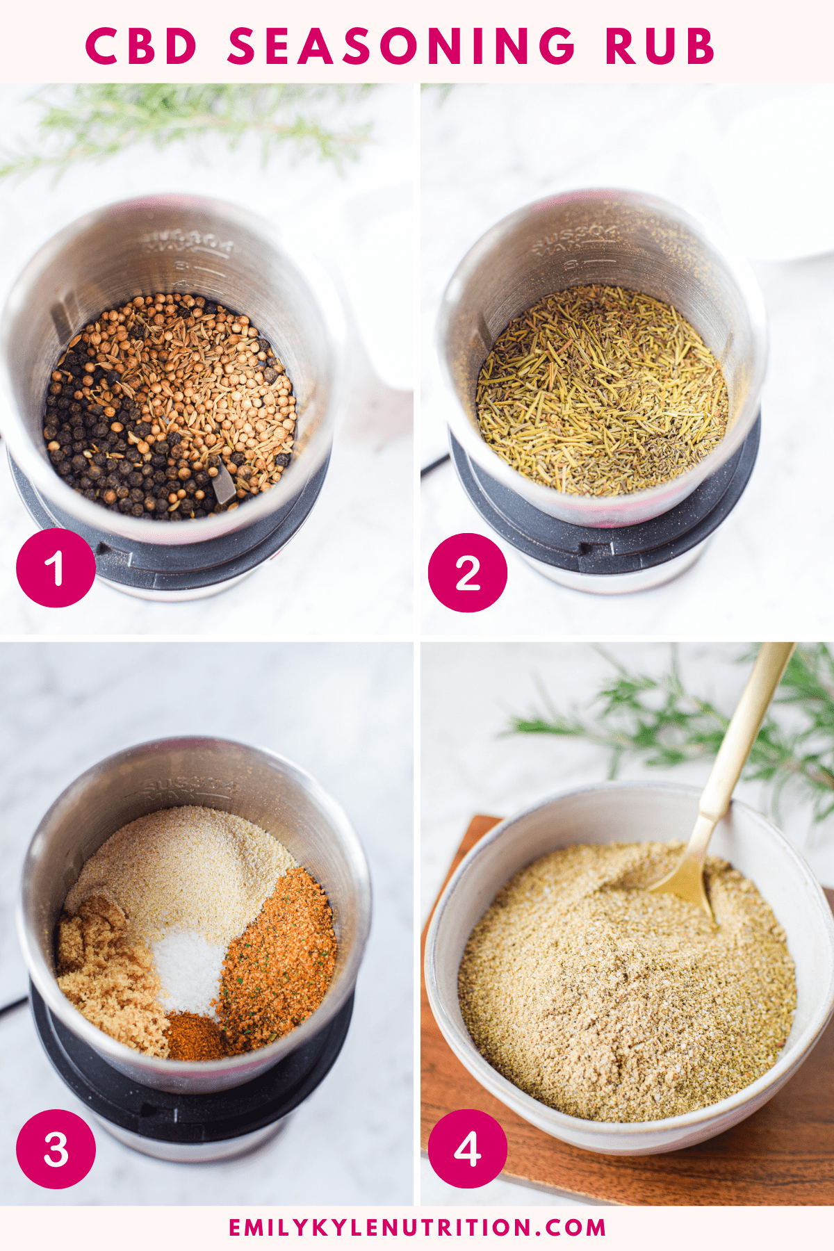 A four step image collage showing the steps needed to make CBD seasoning.