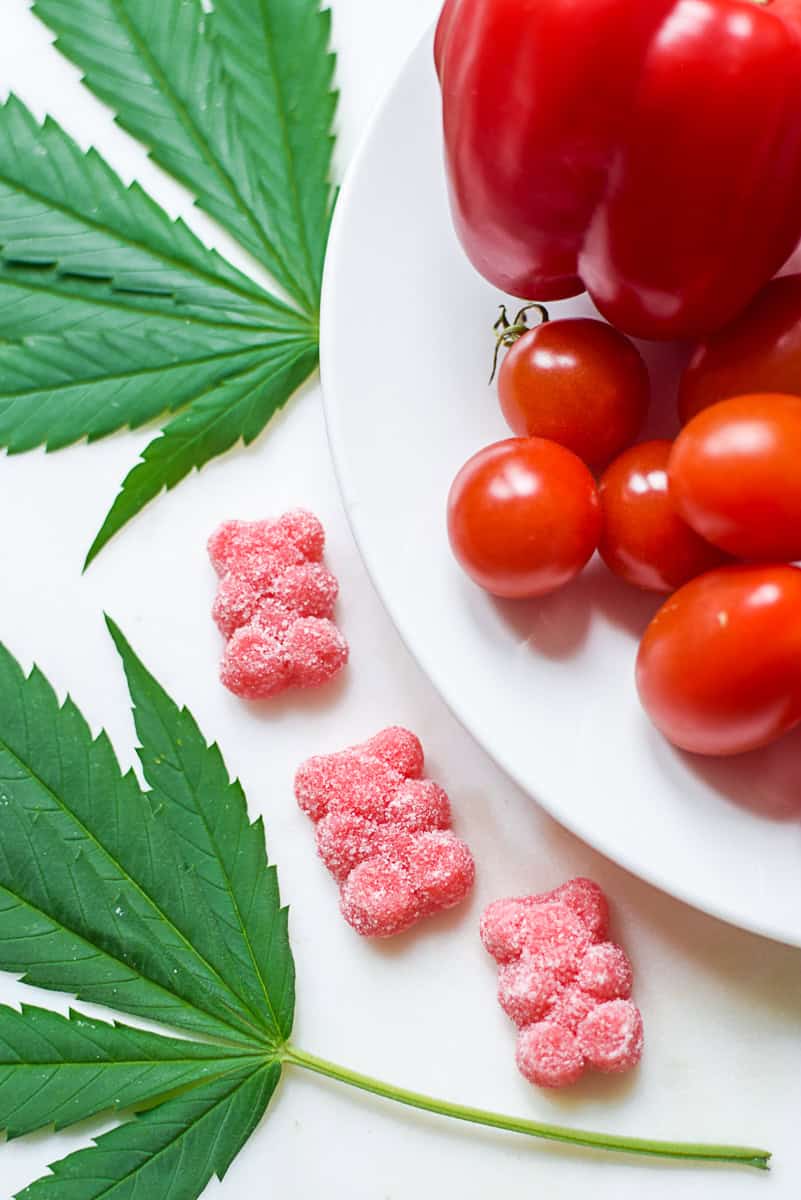 A picture of cannabis gummies and grape tomatoes.