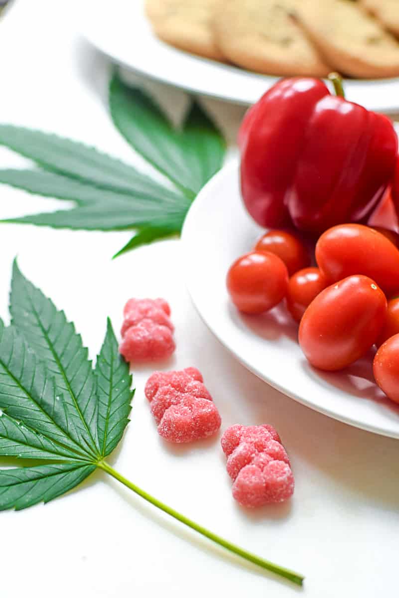 A picture of cannabis gummies and grape tomatoes.