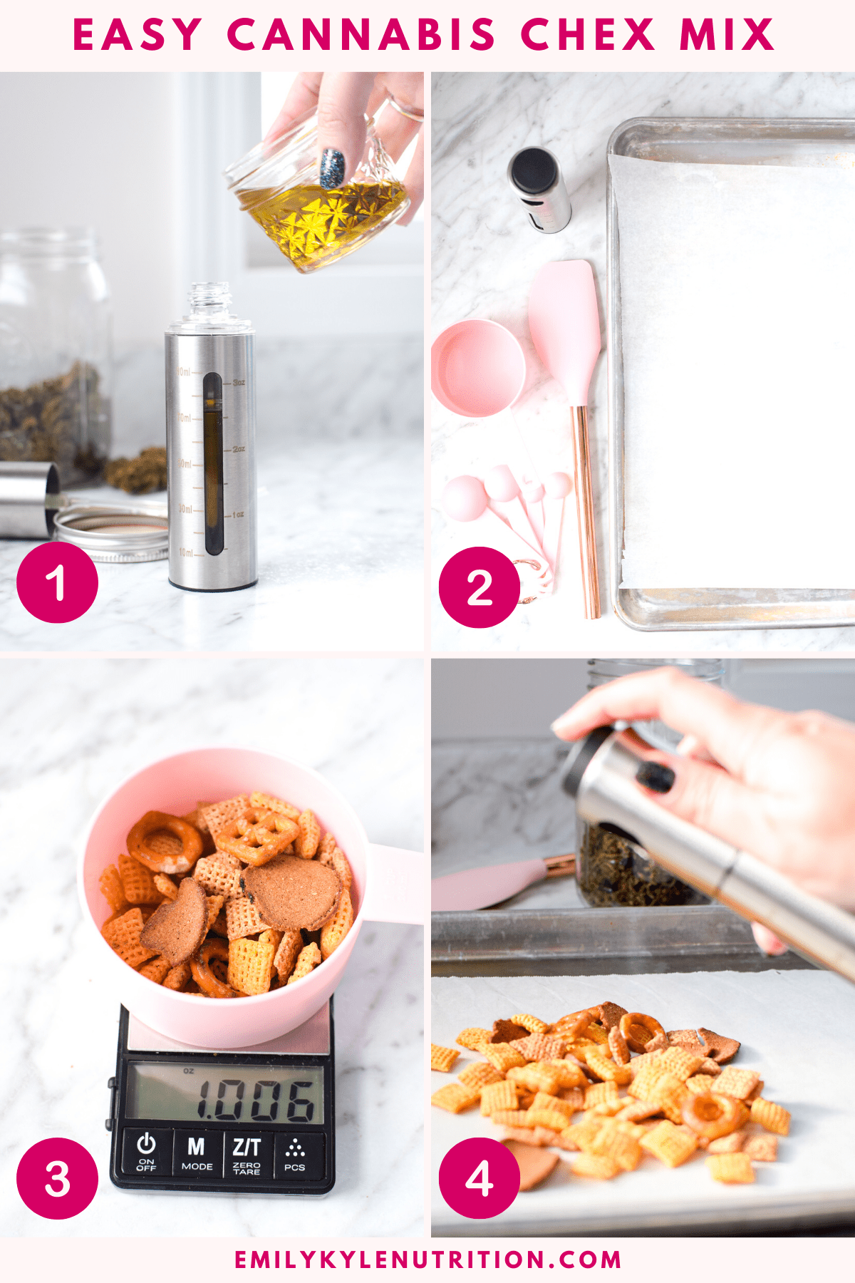 A four step image collage showing how to make cannabis chex mix.