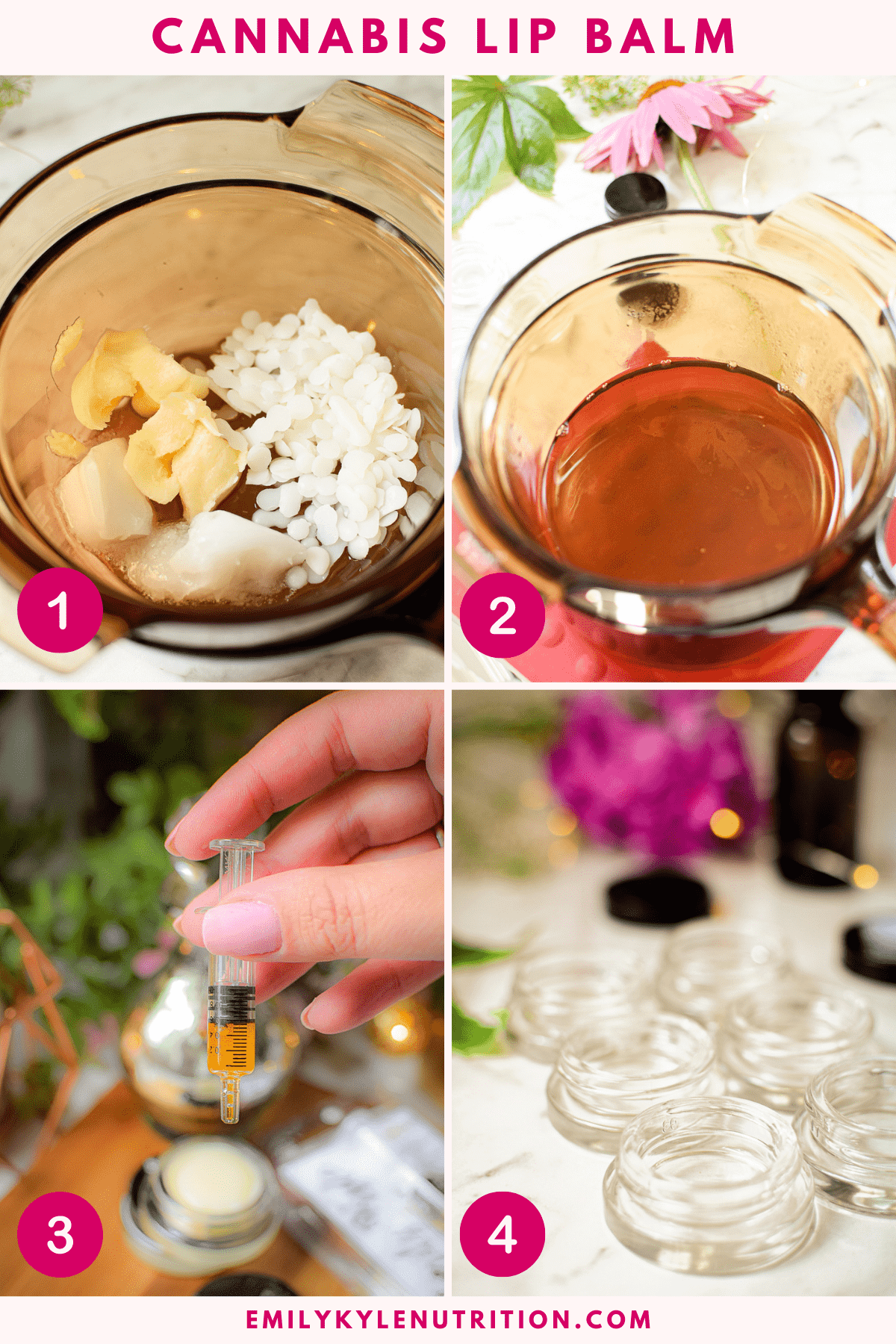 A four step image collage showing how to make a cannabis infused lip balm.