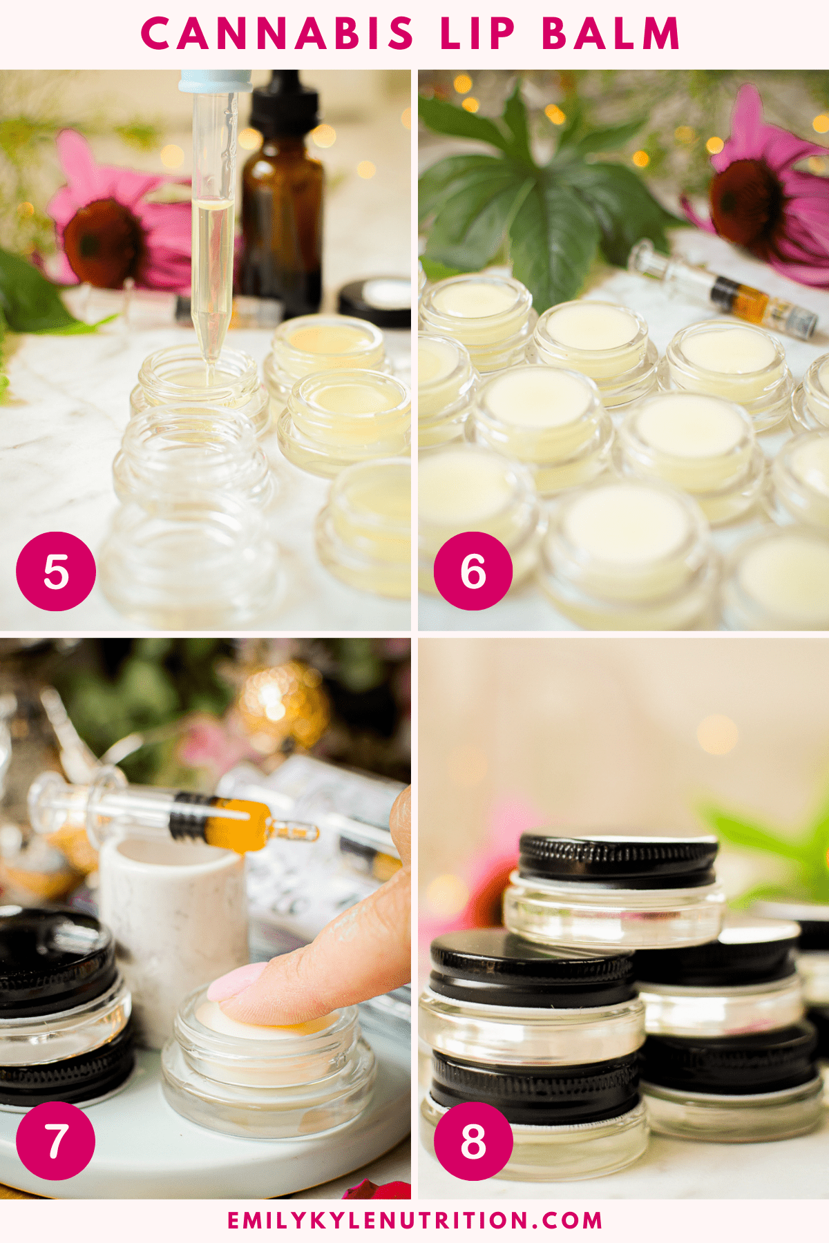 A four step image collage showing how to make a cannabis infused lip balm.
