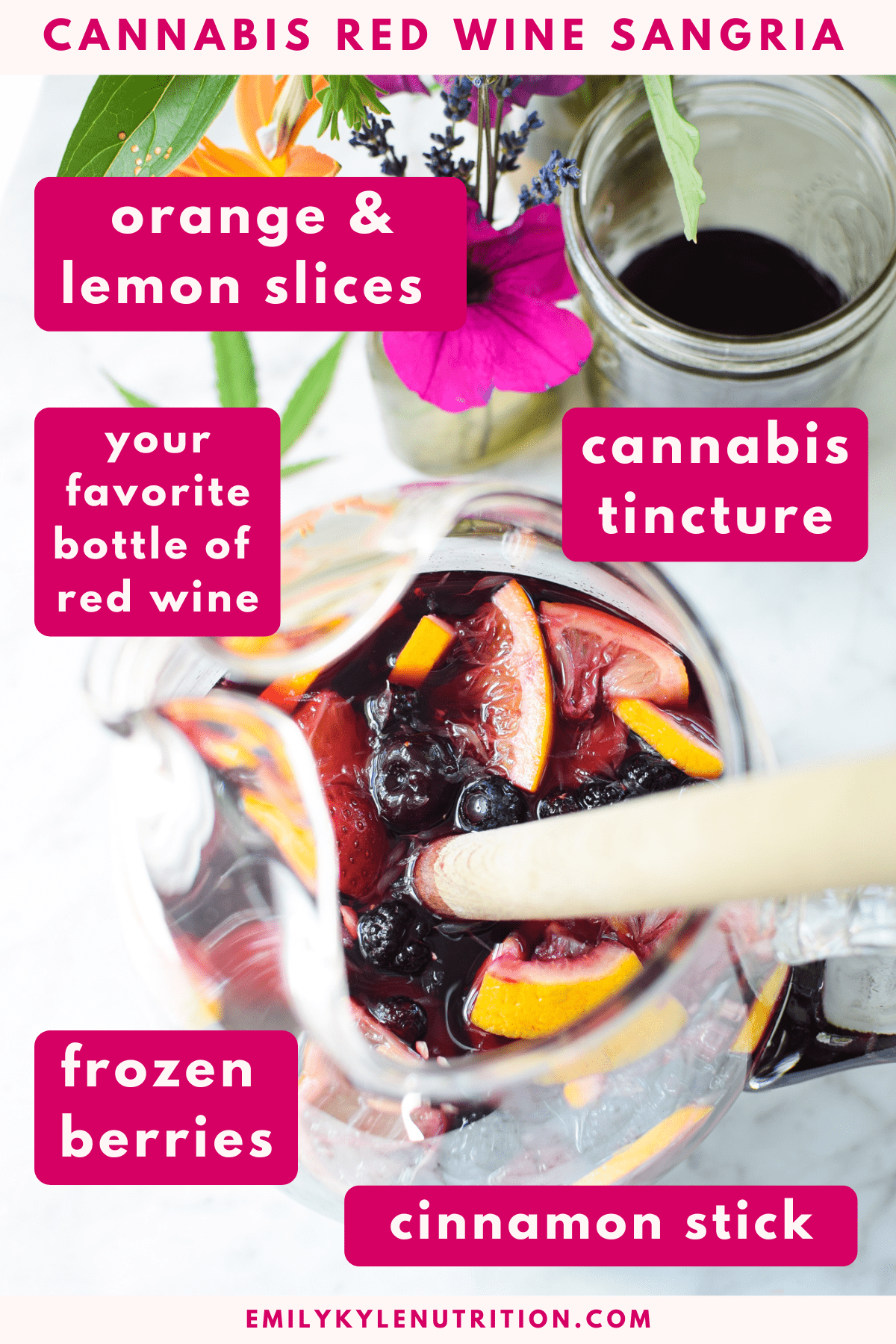 A picture showing all of the ingredients needed to make cannabis red wine sangria 